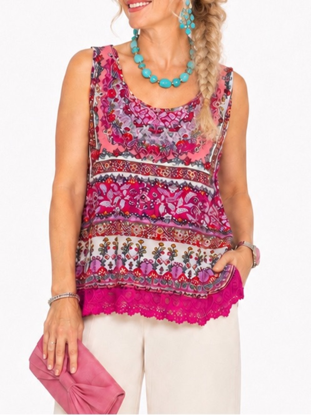 BILA WHIMSICAL PINK FLORAL SLEEVELESS TOP WITH LACE HEM NWTS!! SZ XXL